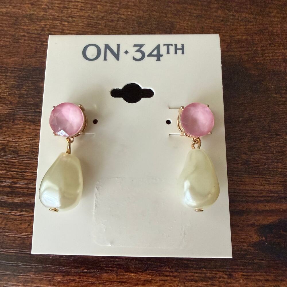 On 34th Gold and Pink Drop Earrings